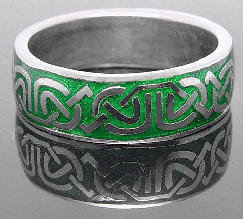 Celtic knots silver band with green enamel