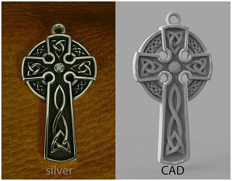 CAD model. Silver cross. Celtic knots motif.