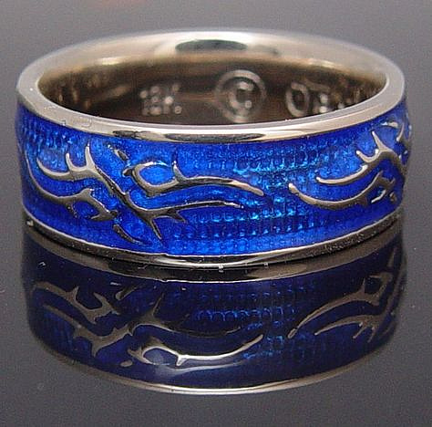 Silver wedding band with blue enamel