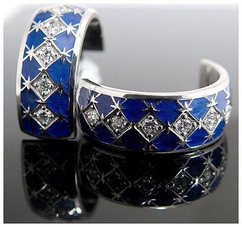 14K white gold earrings with diamonds and blue enamel