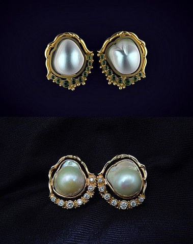 CAD model and gold earrings with pearls and diamonds.