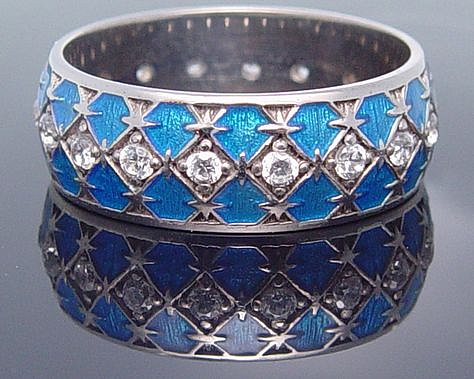 Silver blue enameled wedding band with gems