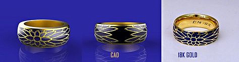 CAD rendering. Chrysanthemum 18k yellow gold ring.Black and blue enamel.