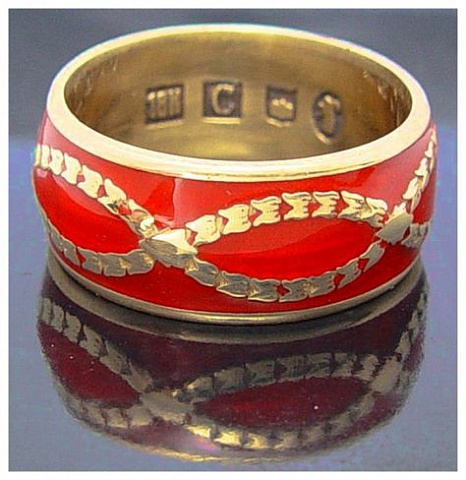 Red enameled 18K gold wedding band