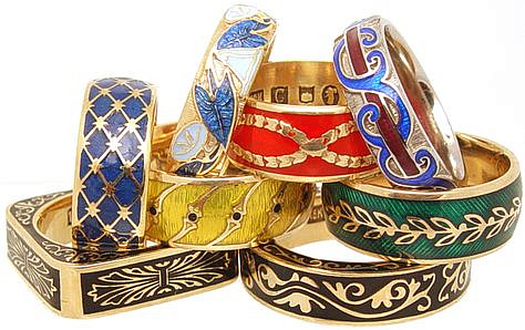 Enameled 18K gold bands.
