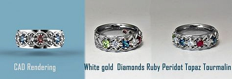 CAD model rendering and birthday stones 14K gold ring