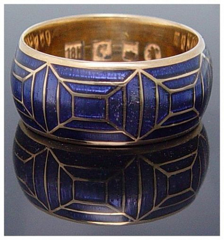 Blue enamel 18K gold wedding band