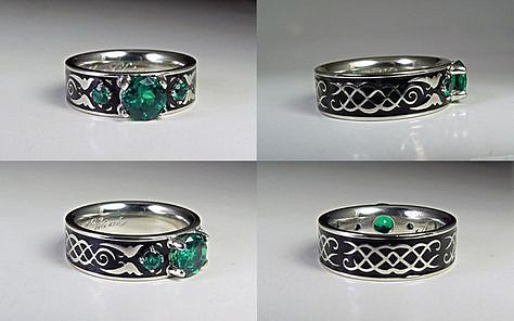 14K white gold ring with emeralds and black enamel
