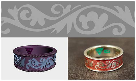 CAD rendering picture and 18K white gold wedding band with red-green enamels.
