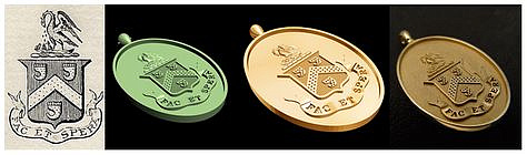 Sketch of family crest and CAD rendering. Custom made 14K yellow gold medallion.