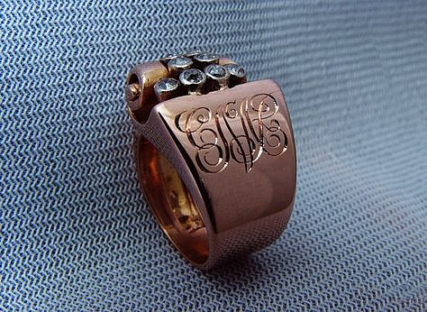 Hand engraved monogram on rose gold signet ring