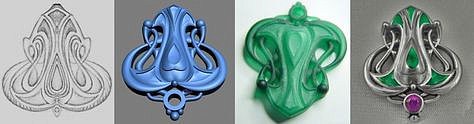 Sketch, CAD rendering, wax model and silver charm.